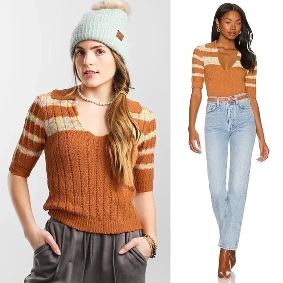 FREE PEOPLE 70s Cropped V-Neck Chunky Knit Striped Short Sleeve Henley Sweater S - Picture 2 of 14